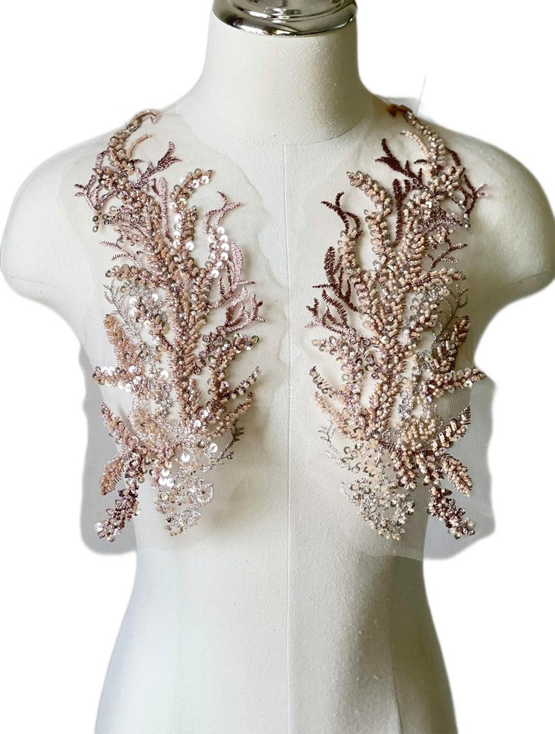 JRYYR Beaded Lace Applique, Flower Sequin Patch,Champagne Applique for DIY Neckline Wedding Bridal Prom Dresses Costumes 14.1x4.9 inches 1 Pair (Champagne) - Image 2